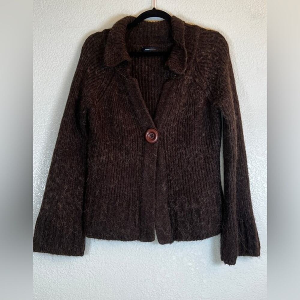 BCBG MAXAZRIA Cardigan Sweater Brown Chunky Knit Bell Sleeves Alpaca Blend Sz L‌